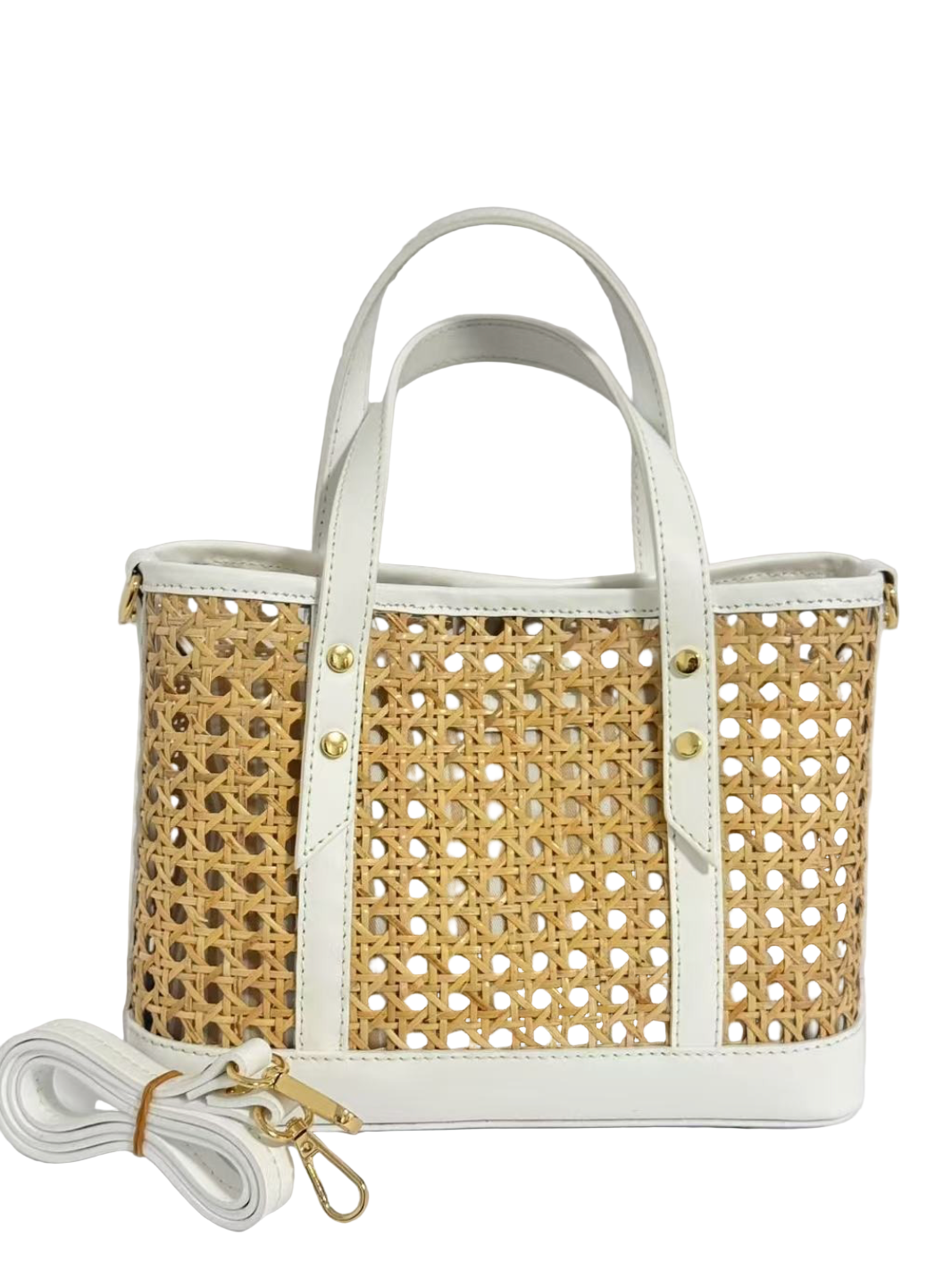 White Leather & Vienna Straw Handbag Made In Italy