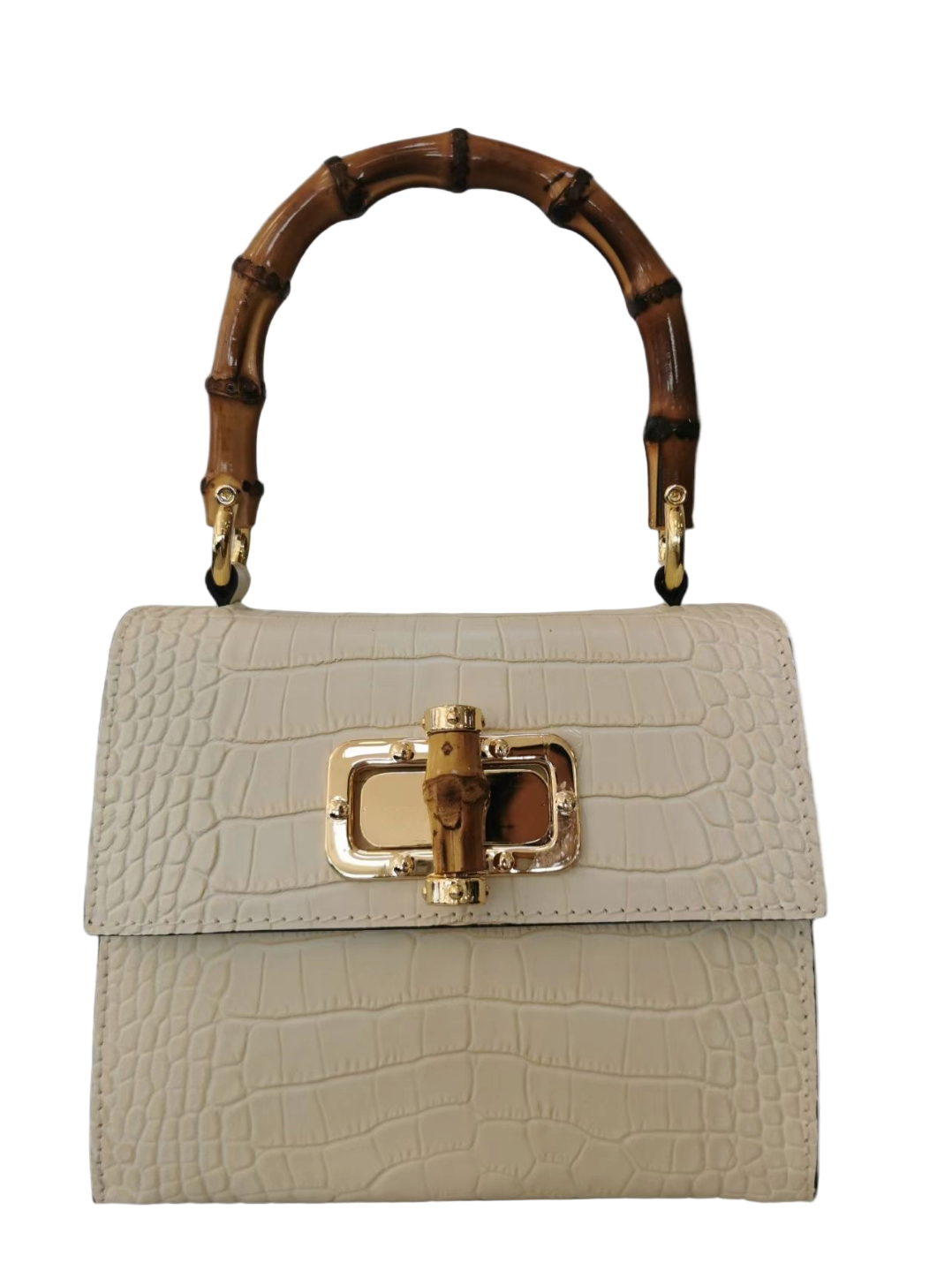 Beige Embossed Crocodile Leather Real Bamboo Handle Made In Italy