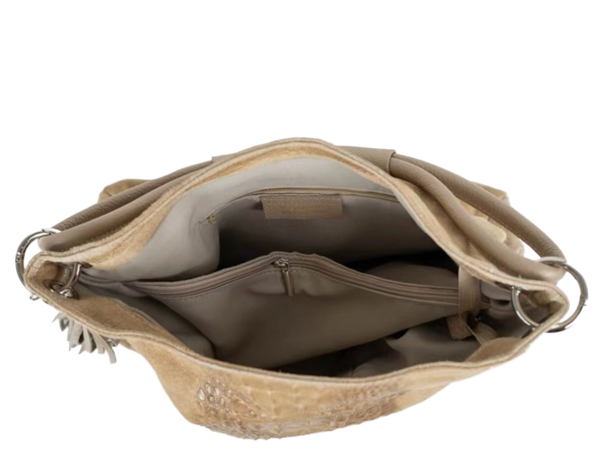 Beige Suede & Crocodile Embossed Leather Handbag With Tassels Made In Italy