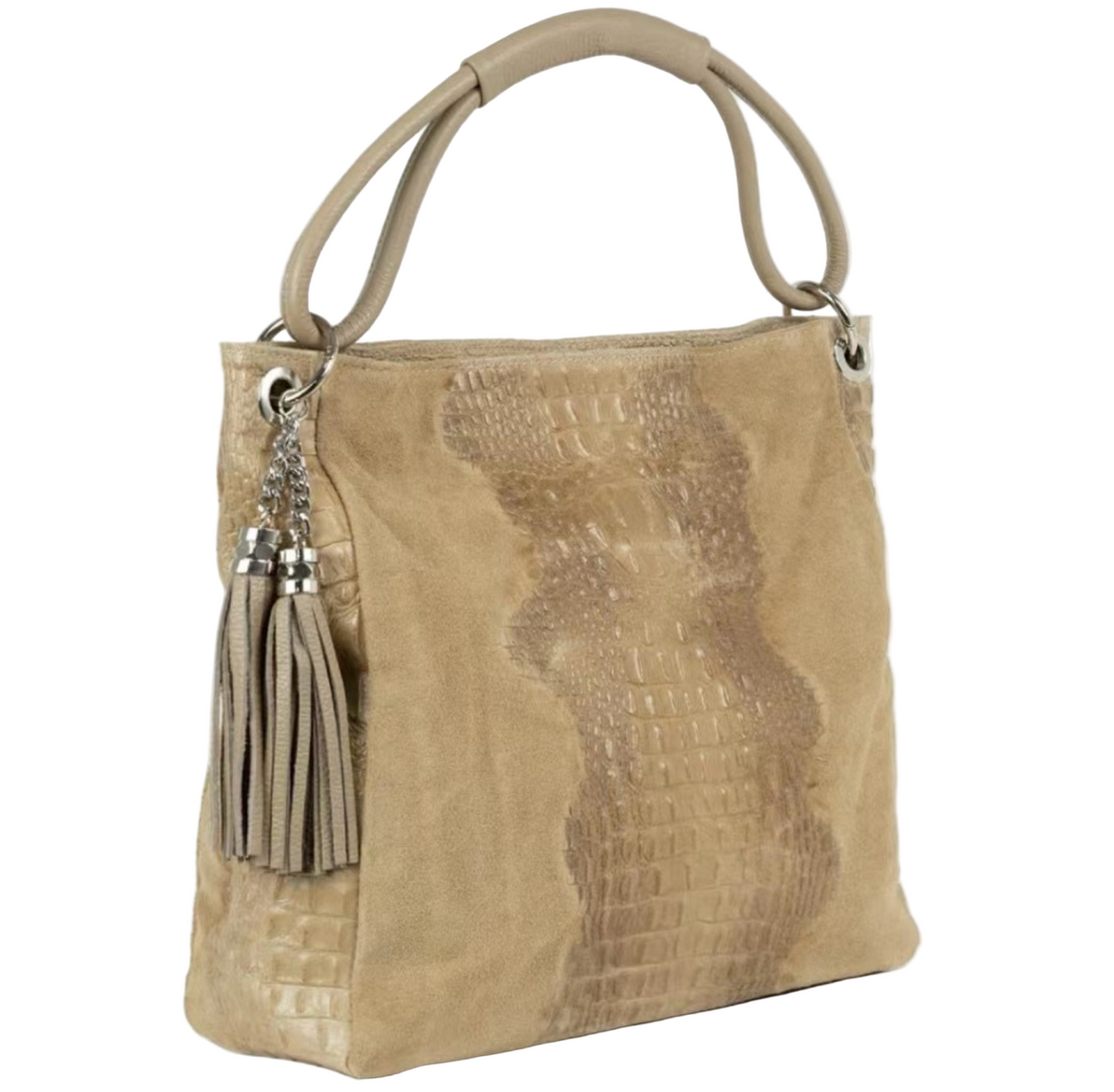 Beige Suede & Crocodile Embossed Leather Handbag With Tassels Made In Italy