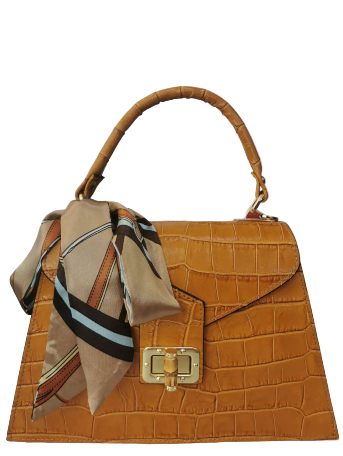 Caramel Crocodile Embossed Leather Handbag Made In Italy