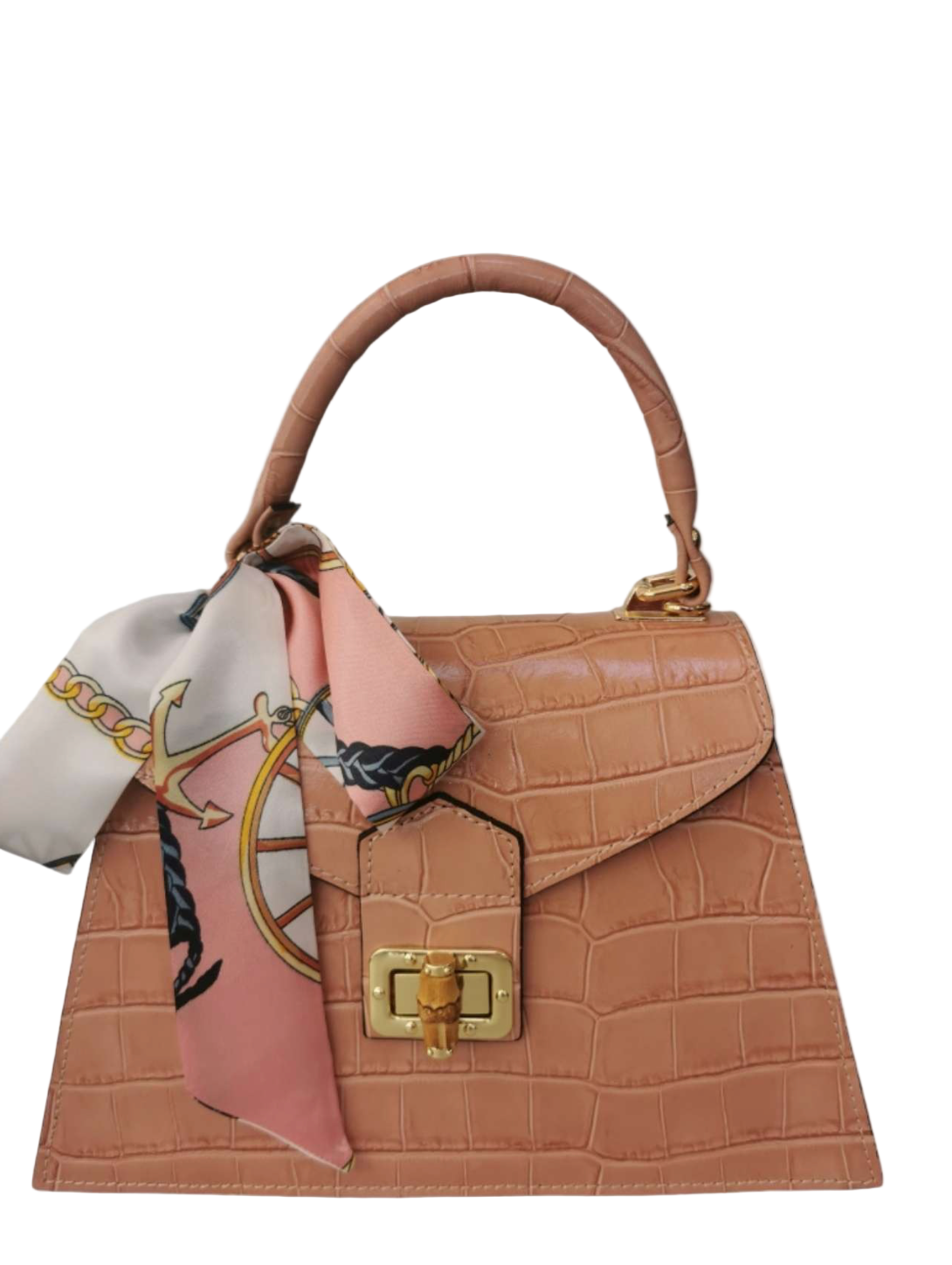 Rose Crocodile Embossed Leather Handbag Made In Italy