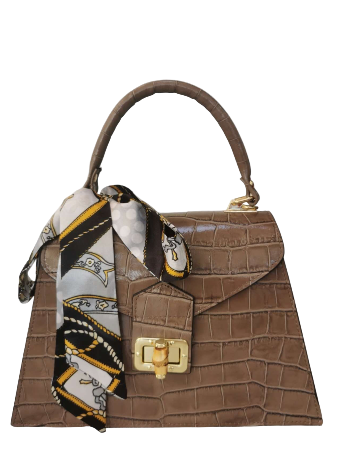 Brown Crocodile Embossed Leather Handbag Made In Italy