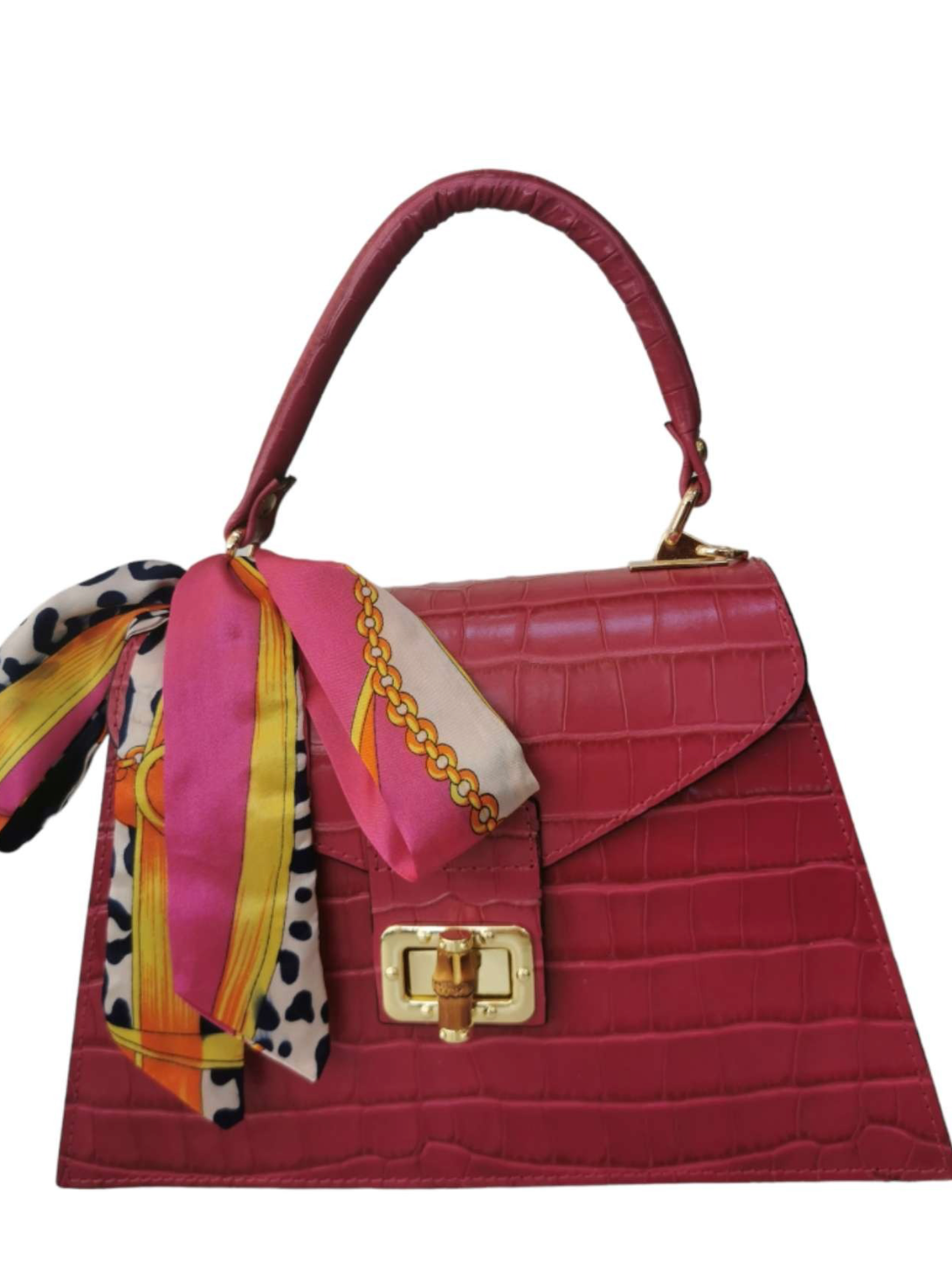 Fuchsia Crocodile Embossed Leather Handbag Made In Italy