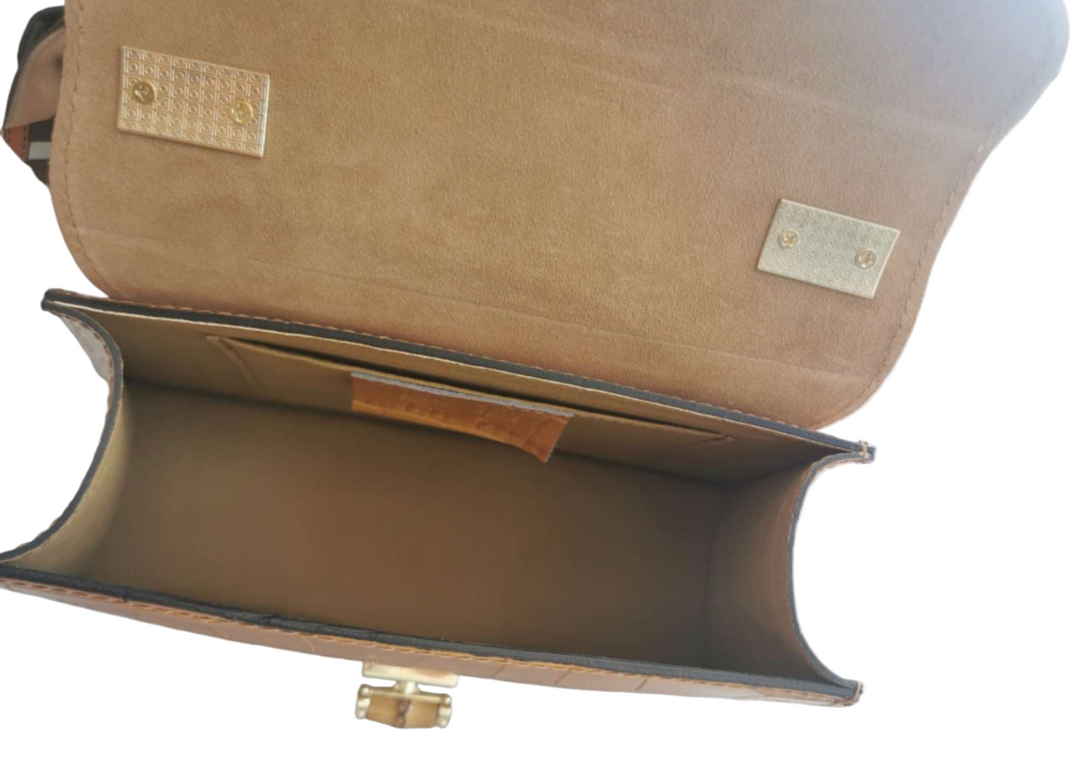 Caramel Crocodile Embossed Leather Handbag Made In Italy